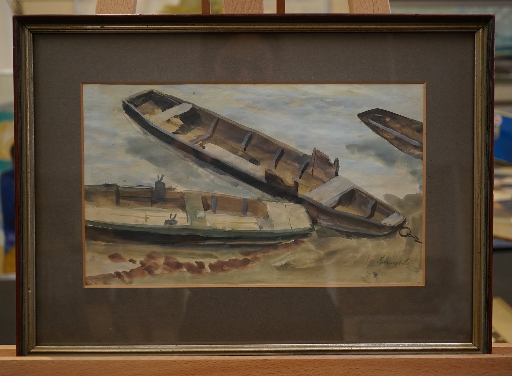 István Szonyi, Hungarian (1894-1960), 'Rowing boats on the Danube, Zebegény'